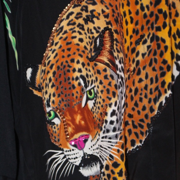 Diane Gilman, Black Shirt with Leopard and Floral Design blouse 100% Silk - Picture 7 of 11